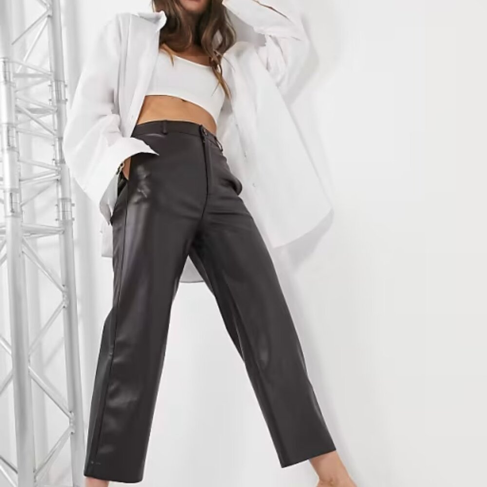 Mango Faux Leather Straight Pants Dark Brown High Rise Size 6 Vegan NWT